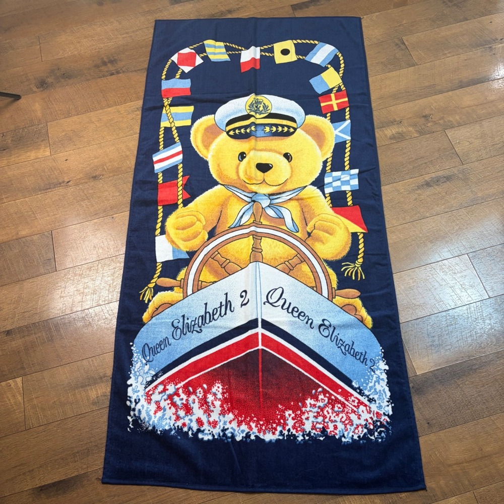 Vintage Hilasal QE2 Queen Elizabeth 2 Teddy Bear 59x29 Beach Bath Towel